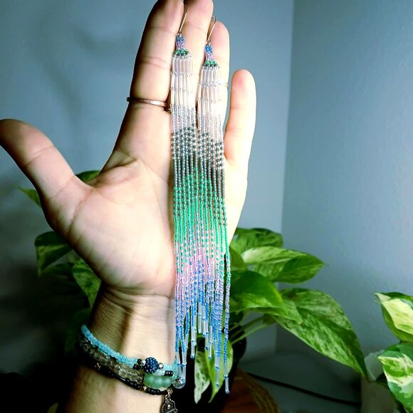 Long Boho Beaded Cascade Fringe Dangle Earrings, Seed Bead Jewelry 8" - Picture 5 of 7